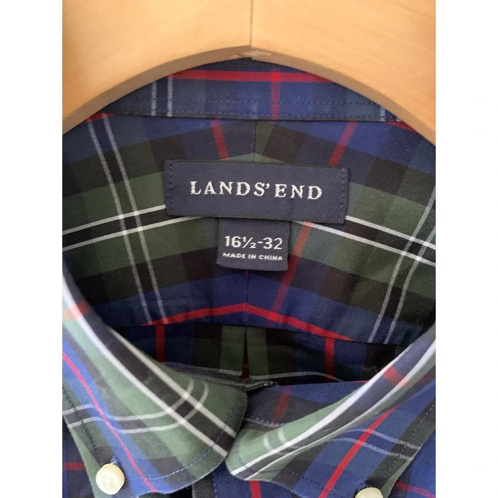 Lands End Mens Plaid Button Down Shirt 16 1/2 32 Blue Green Red Long Sleeve